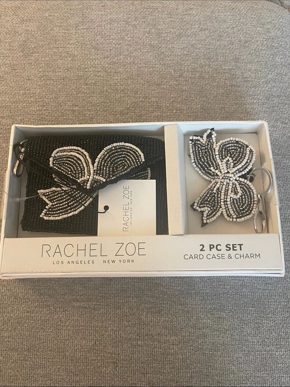 Rachel Zoe Black and White Beaded Card Case with Butterfly Charm